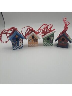 Lot of 4 Small Birdhouse Ornaments  Wood w/Raffia Hangers Chritmas/Holidays